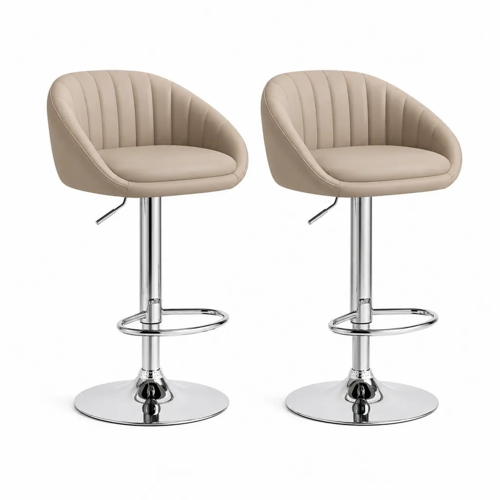 Set di 2 sgabelli da bar regolabili in poliuretano beige con schienale curvo base in acciaio cromato 91-112 cm
