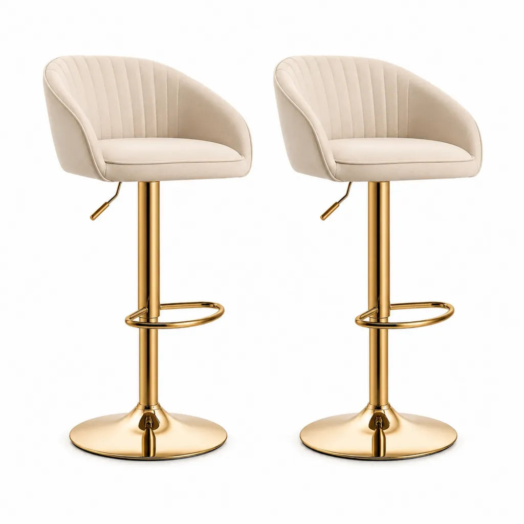 Set di 2 sgabelli da bar regolabili con schienale curvo in pelle sintetica PU beige e acciaio dorato 48 x 52 x 87-108 cm