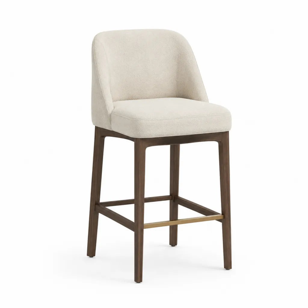 Sgabello da bar con schienale imbottito in poliestere beige gambe in legno massello 48 x 56 x 100 cm