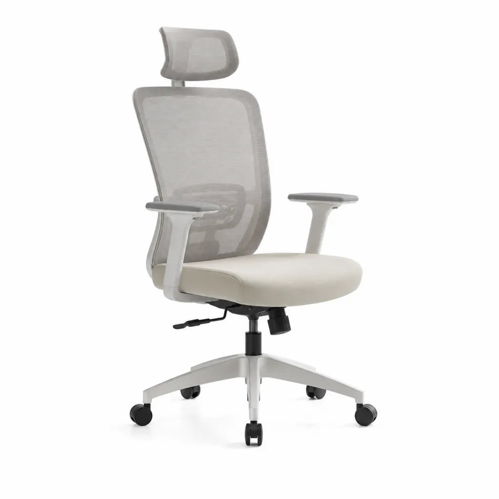 Sedia da ufficio ergonomica girevole con poggiatesta in rete di nylon grigio e seduta in PU bianco 64 x 64 x 114-124 cm