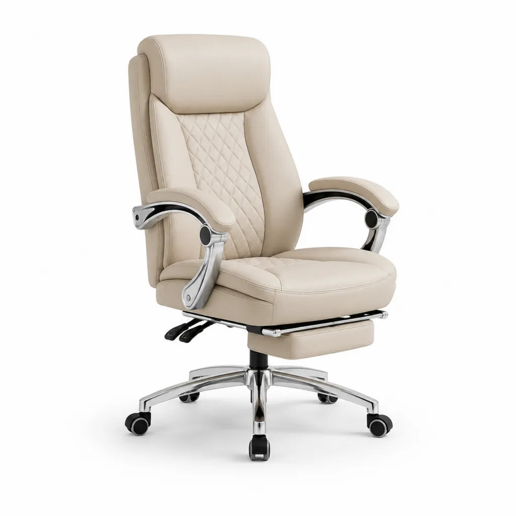 Sedia da ufficio direzionale reclinabile in PU beige con poggiapiedi estraibile 68 x 70 x 118-128 cm