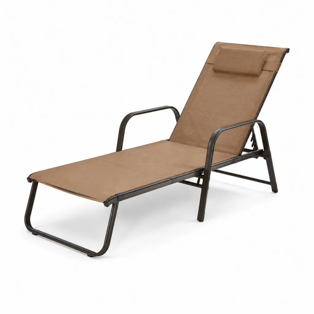 Lettino prendisole reclinabile con poggiatesta in textilene marrone e acciaio nero 190 x 58 x 30 cm