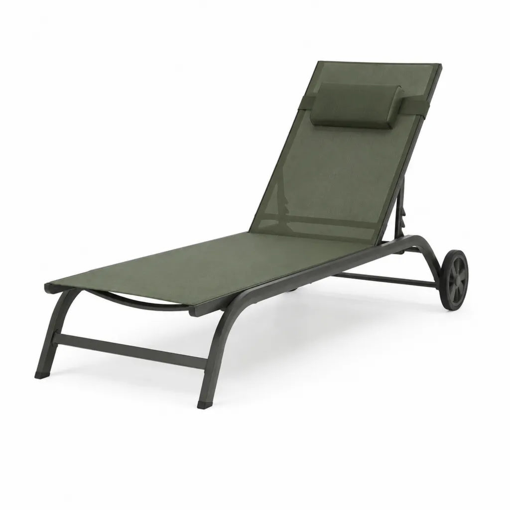 Lettino prendisole reclinabile con ruote in alluminio e textilene verde 200 x 65 x 34 cm
