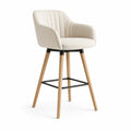 Sgabello da bar con braccioli in poliestere beige e gambe in faggio 59 x 61 x 105 cm