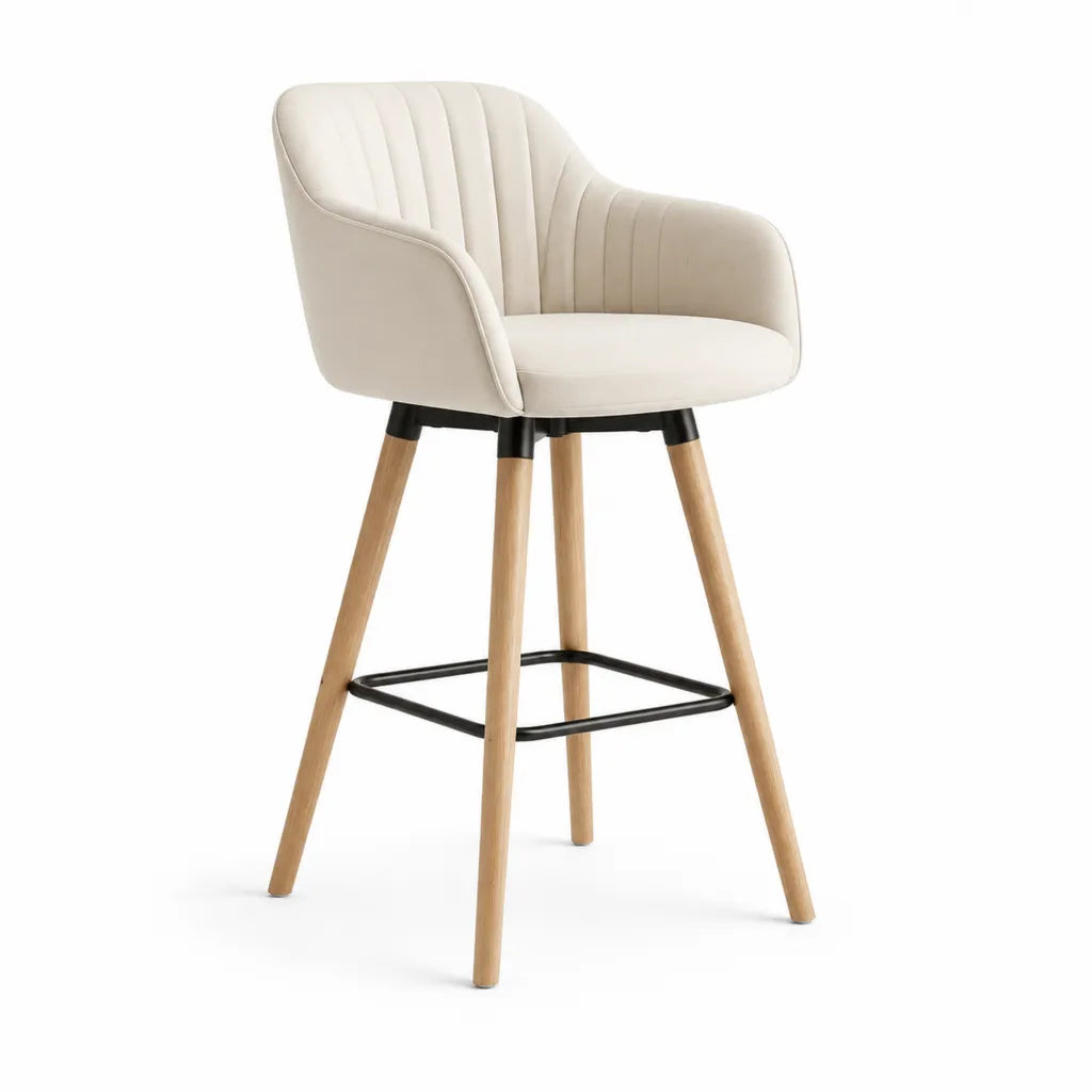 Sgabello da bar con braccioli in poliestere beige e gambe in faggio 59 x 61 x 105 cm
