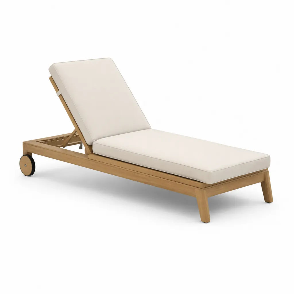 Lettino prendisole da giardino reclinabile in legno massello di acacia con cuscino rettangolare avorio 200 x 70 x 30 cm