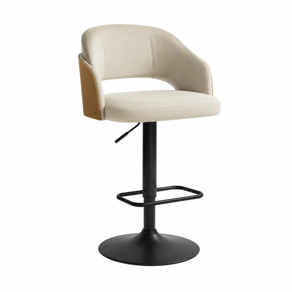 Sgabello da bar regolabile con schienale curvo in velluto beige e impiallacciatura rovere base rotonda 52 x 52 x 91-112 cm