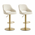Set 2 Sgabelli da Bar Regolabili in Altezza 50 x 52 x 91-111 cm con Rivestimento in Poliestere Bouclé Bianco e Base in Acciaio Dorato