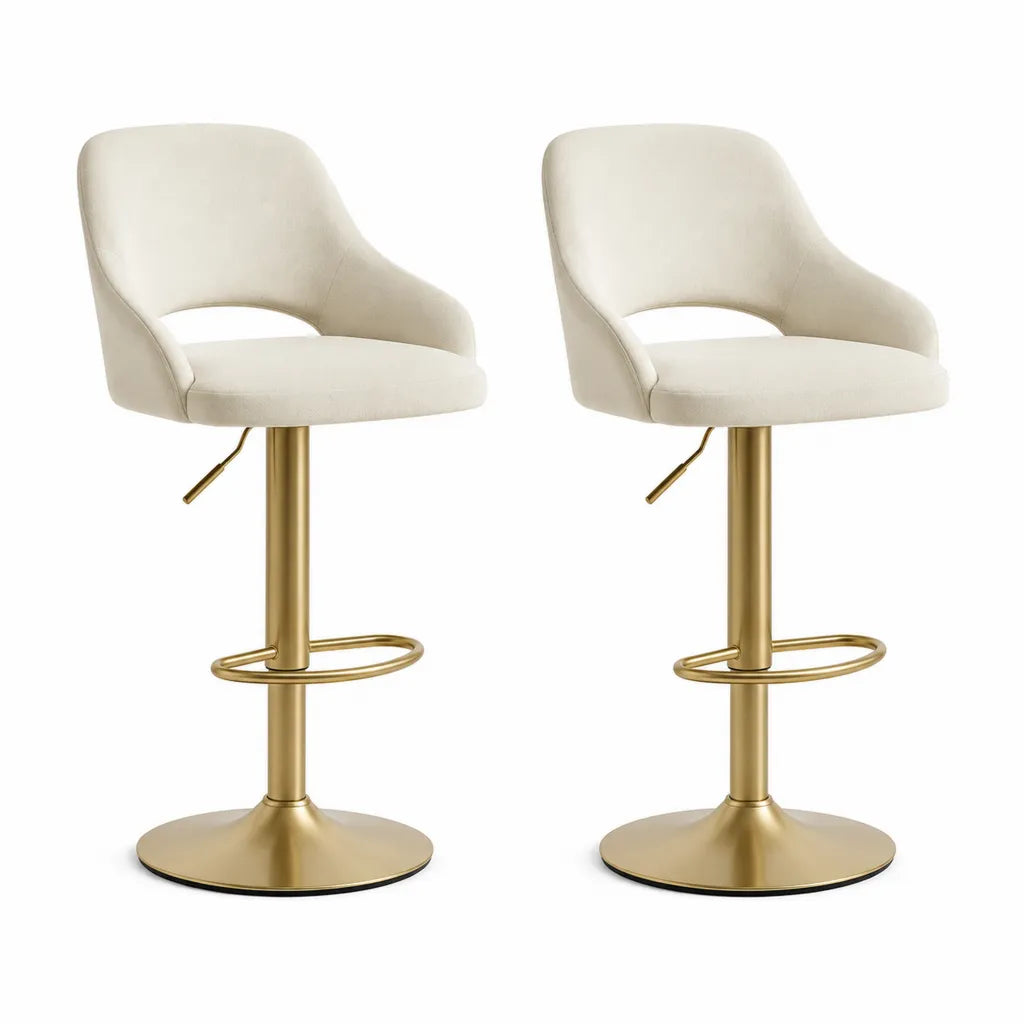 Set 2 Sgabelli da Bar Regolabili in Altezza 50 x 52 x 91-111 cm con Rivestimento in Poliestere Bouclé Bianco e Base in Acciaio Dorato