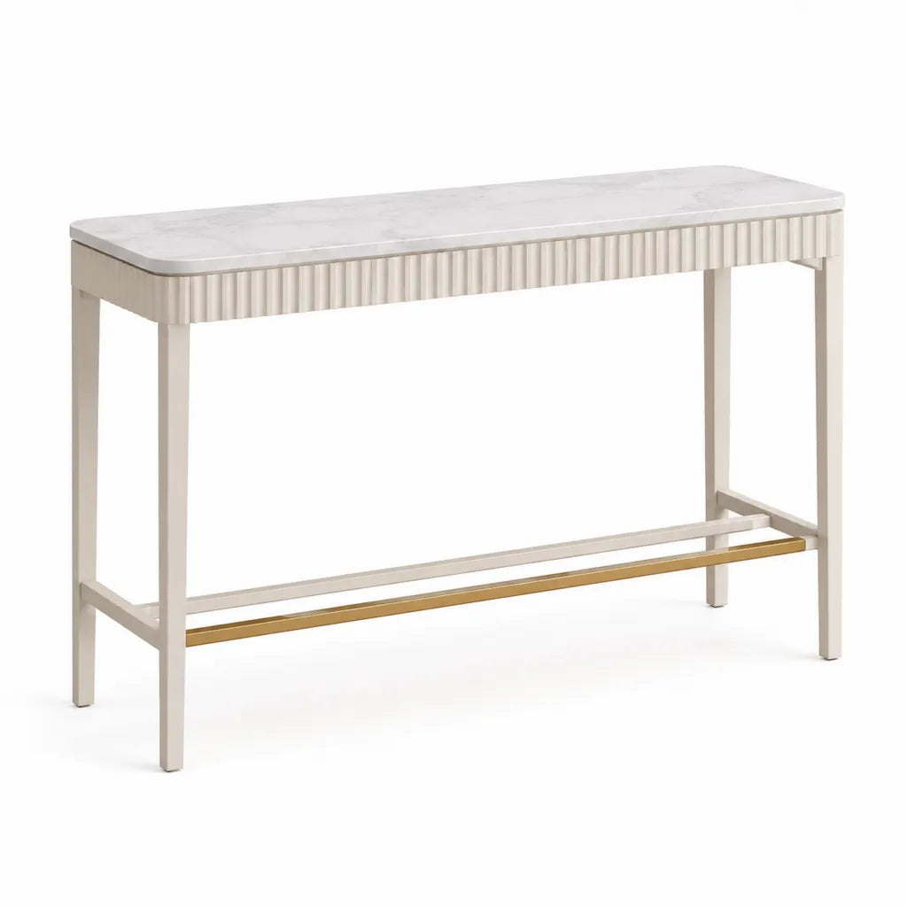 Tavolo da bar rettangolare 120 x 40 x 105 cm in MDF effetto marmo bianco e acciaio bianco oro