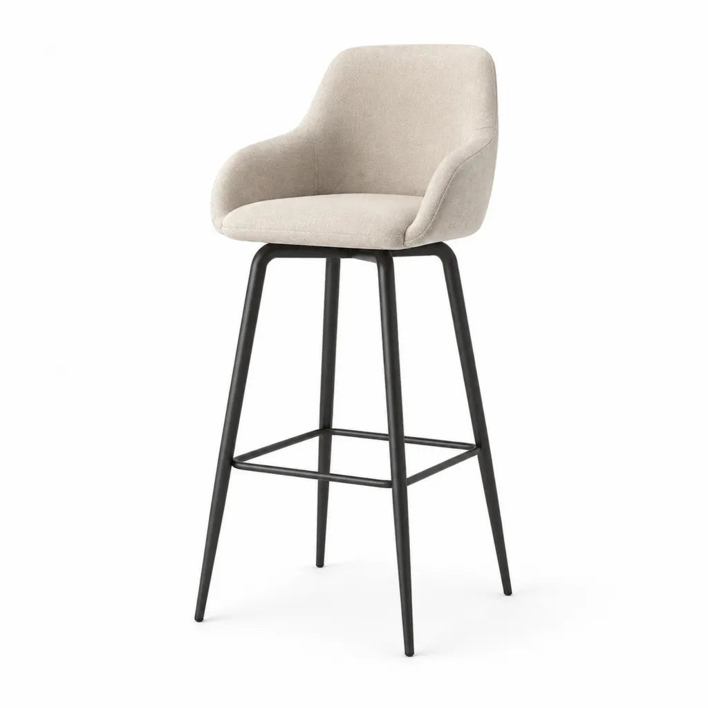 Sgabello da bar con schienale e braccioli in poliestere beige e acciaio nero 54 x 55 x 101 cm