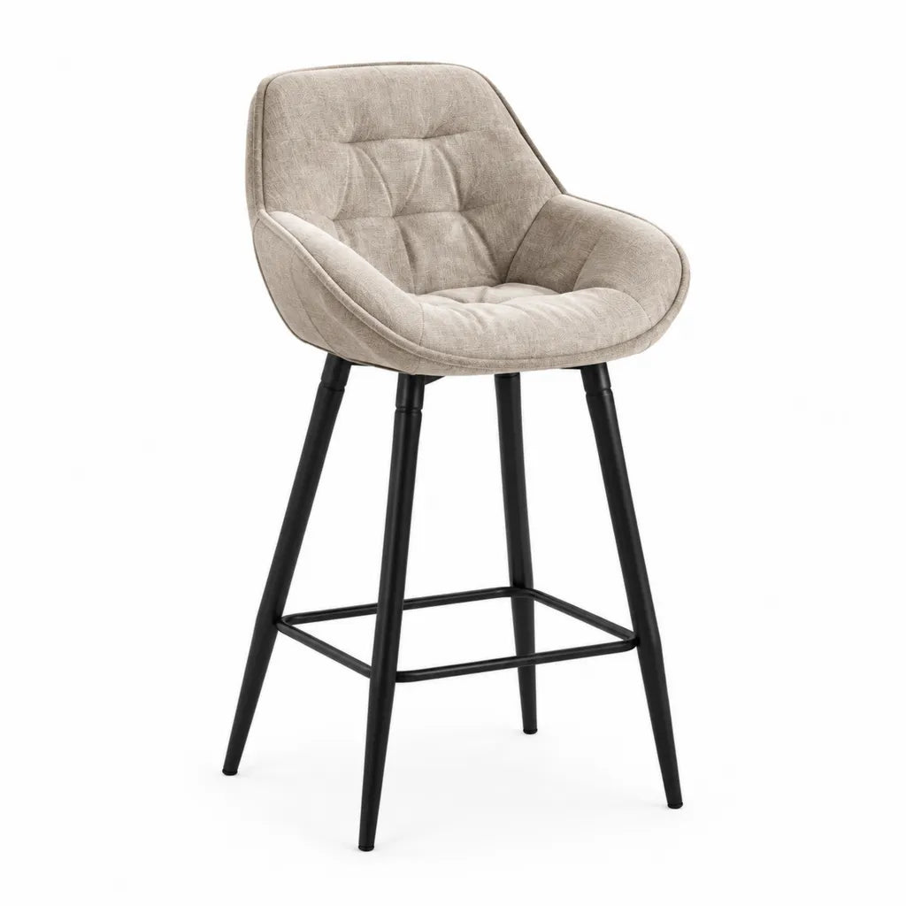 Sgabello da bar imbottito in poliestere beige con schienale e gambe in acciaio nero 52 x 55 x 101 cm