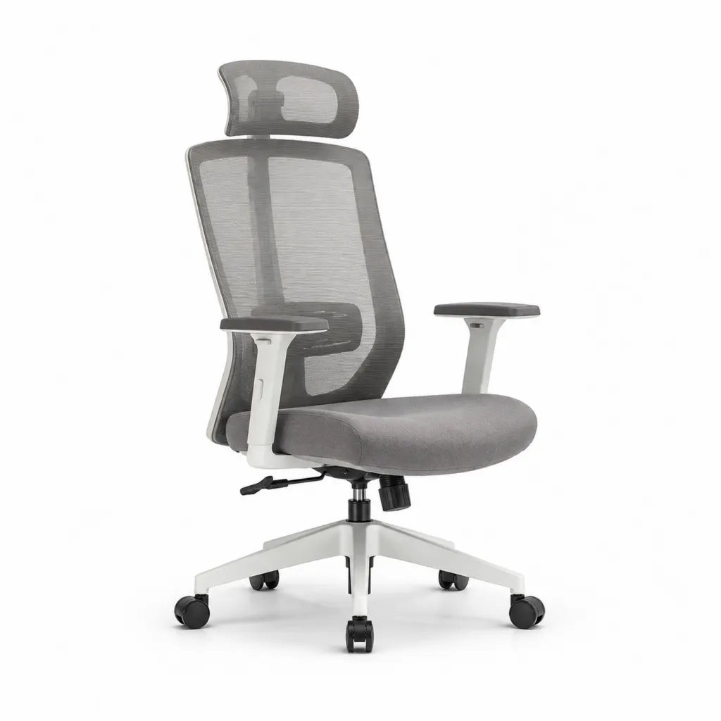 Sedia da ufficio girevole con poggiatesta in rete di poliestere grigia 64 x 64 x 118-128 cm